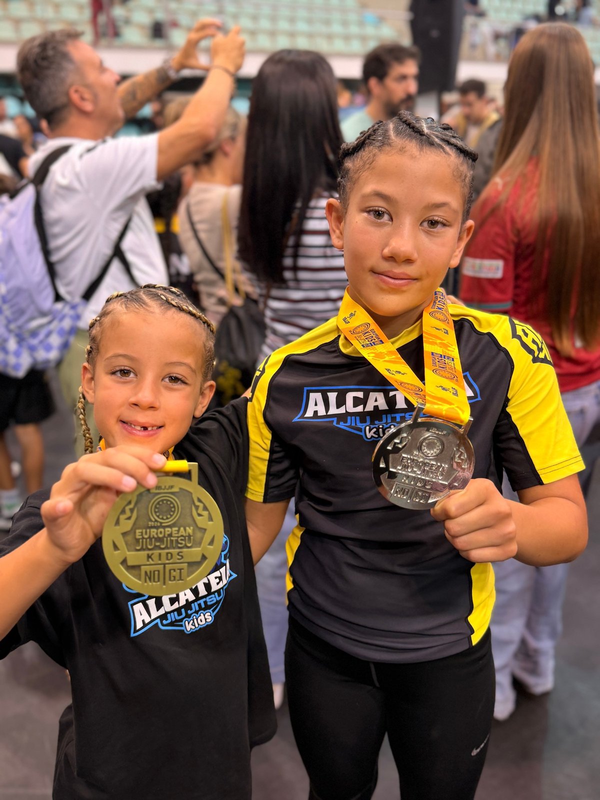 Aleyna and her sister with their medals at the European Kids No-Gi IBJJF Championship in Lisbon, October 2026.